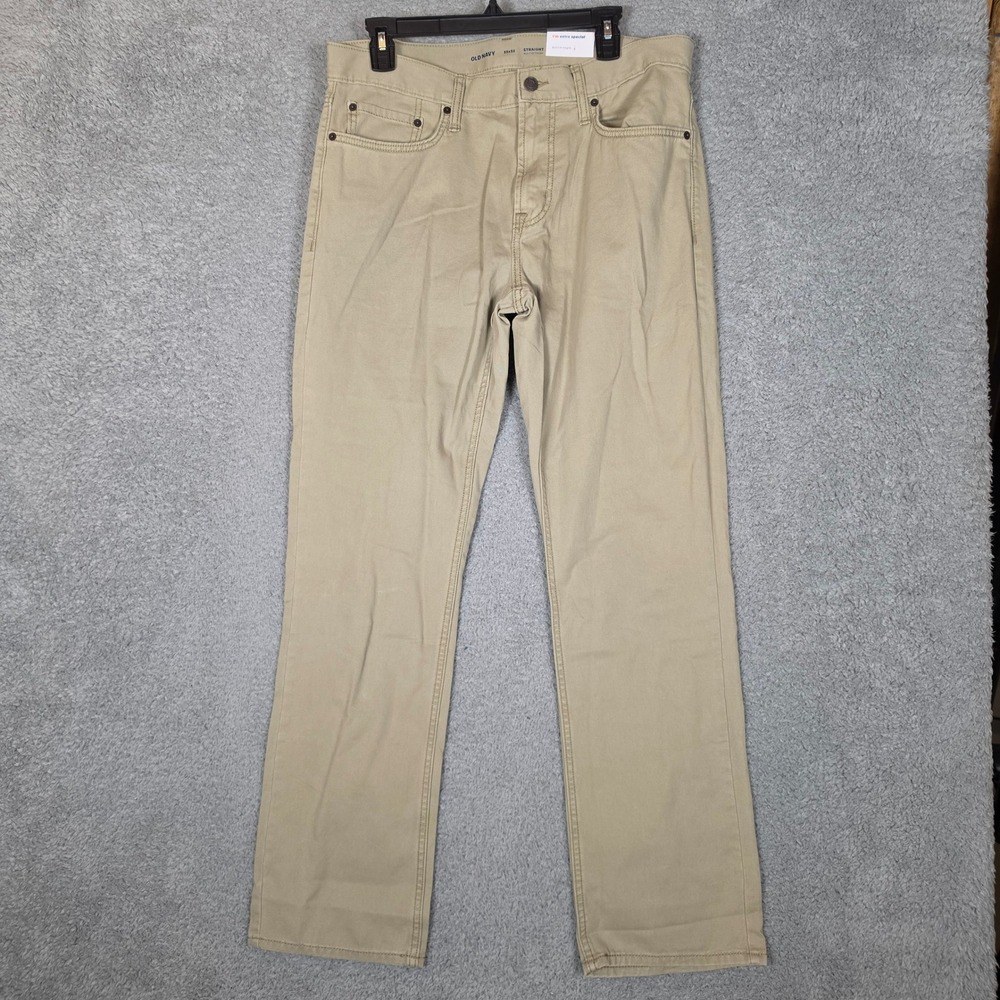 Old Navy Chino Pants Mens 33x32 Straight Leg  Khaki New Built-In Tough Cotton - Picture 3 of 10